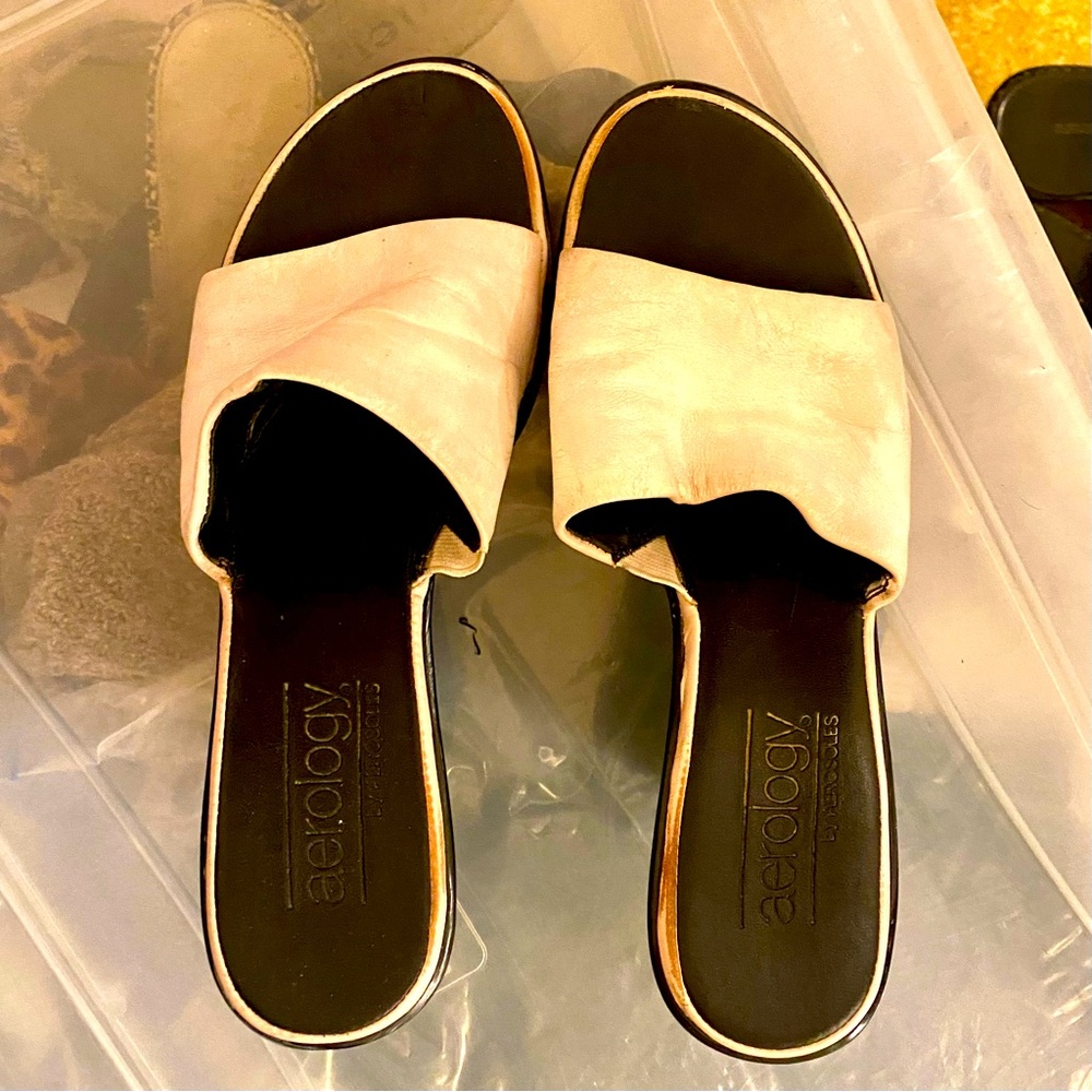 Aerology by Aerosoles, soft white leather mule wedge with black wedge, open toe